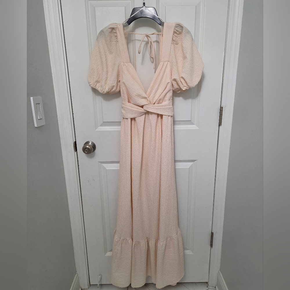 ASTR the Label Tie Peach Cream Puff Sleeve Midi Dress Size M